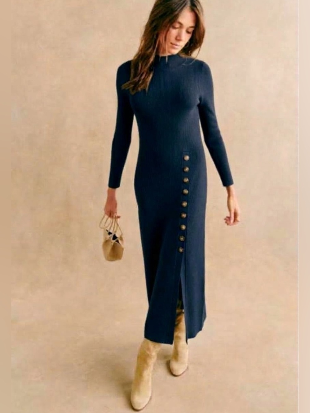 Sézane Harper Dress Navy Blue Ribbed Merino Wool Knit High Neck Side-Button